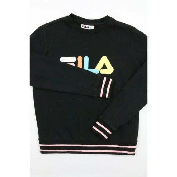 Fila Sweatshirt Womens French Terry Elastic Hem Stretch Black Rainbow Crew Neck - Picture 6 of 15